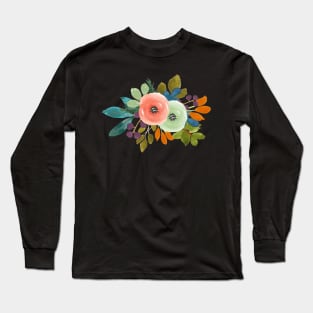 Watercolor flower, Coral+Mint Green Long Sleeve T-Shirt